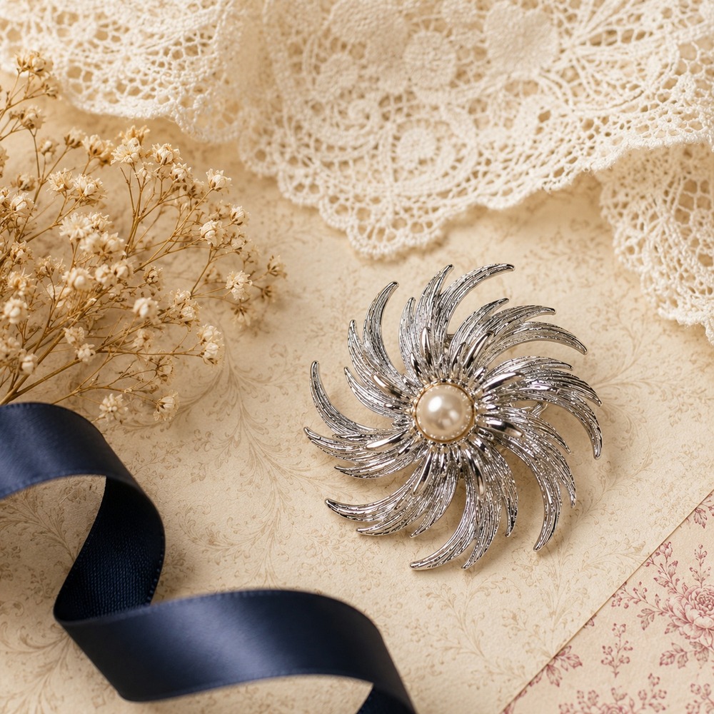 Sarah Coventry Brooch Silver Swirl Flower Faux Pearl Textured Vintage Pin OS